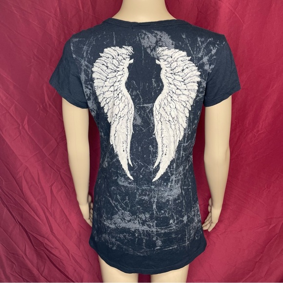 Vintage Y2K Cotty On Studded Cross Angel Wing Fitted Elongated Tee XL - Picture 4 of 6